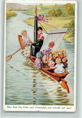 1929 Nun schreib mir was AK Kinder im Ruderboot, Riesentintenfass und Feder
