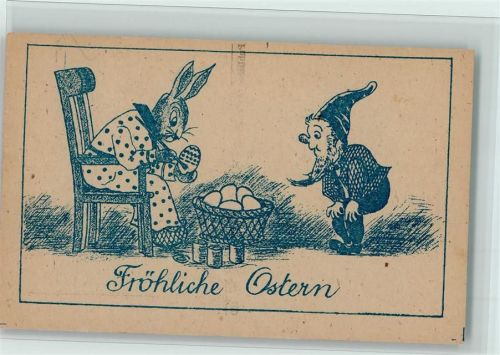 Ostern - vermenschlichter Hase bemalt Ostereier ein Zwerg schaut zu AK