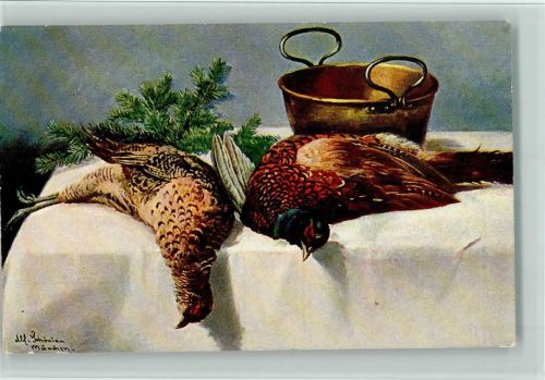 Stilleben - Jagd - Federwild und Messingtopf, gute Erhaltung AK Ströfer Serie 470