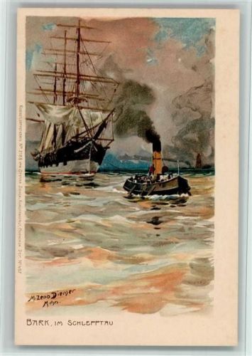 Bark im Schlepptau, Segelschiff, Dampfpinasse - Ottmar Zieher 2186 gute Erhaltung