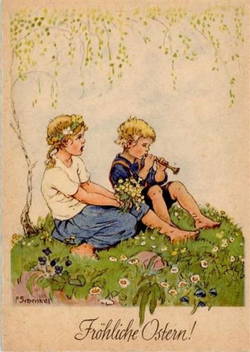 Ostern - Kinder mit einer Flöte , sehr gute Erhaltung AK