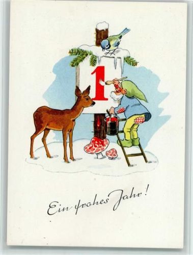 Neujahr - Zwerg malt ein Kalenderblatt, sehr gute Erhaltung AK