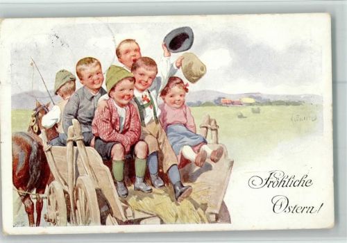 Ostern - Kinder auf dem Bauernwagen AK BKW Serie 1130-3