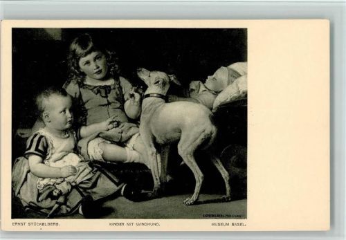 Kinder mit Windhund - Gemälde von Stückelberg AK
