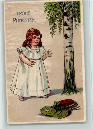 Pfingsten - Mädchen, Maikäfer frisst an einem Birkenblatt, gute Erhaltung