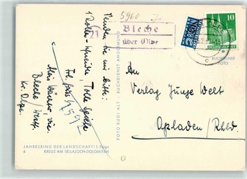 Olpe Landpoststempel Bleche Notopfer Marke Jahresring der Landschaft 1. Folge Nr 6 Kreuz am Sellajoch-Dolomiten