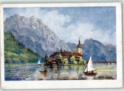 Gmunden Schloss Ort Segelboot sign A. Lebeda