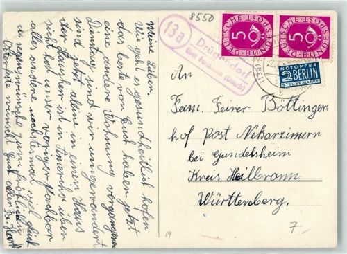 91301 W8550 Forchheim , Oberfr Gebrauchsspuren Landpoststempel Drügendorf Notopfer Marke Ostern Elfen Veilchen sign Petersen Künstlerkarte