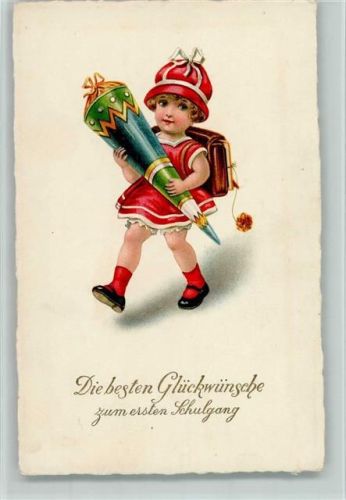 Verlag Erika 6128 - Mädchen mit Schultüte und Schwamm am Ranzen AK