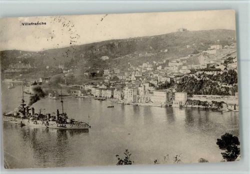 Villefranche Kriegsschiff im Hafen AK Stempelfleck, Eckknick