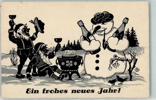 1934 Neujahr Mit dem Schneemann feiern , Wein Sekt AK