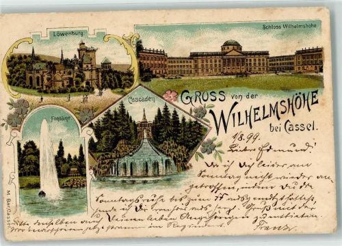 Wilhelmshöhe 1899 Lithographie Schloß Wilhelmshöhe Große Fontaine Löwenburg