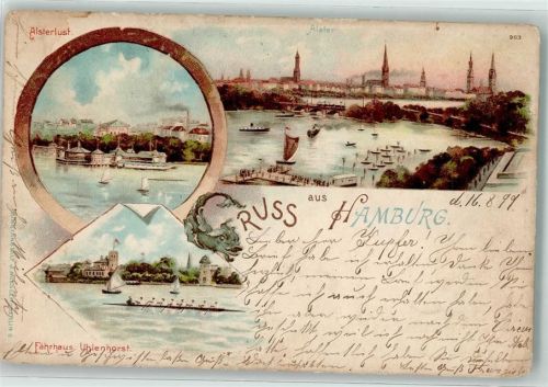 Uhlenhorst 1899 Lithographie Fährhaus Alsterlust Alster