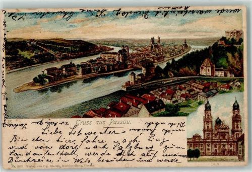 Passau 1899 Vogelschau Dom sign. J.Gramer