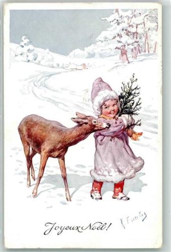 1911 Weihnachten Kind mit einem Reh AK