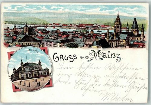Mainz 1897 Lithographie Stadthalle Rheinbrücke