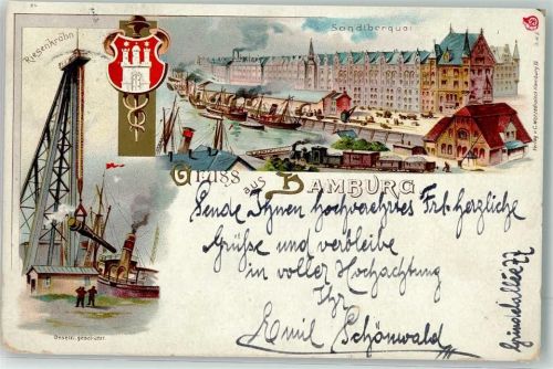 Hamburg 1898 Lithographie Hafenkran Stadtwappen Sandbergquai Eisenbahn