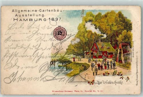Hamburg 1898 Lithographie Allg.- Gartenbau-Ausstellung 1897 Zur Waldschenke