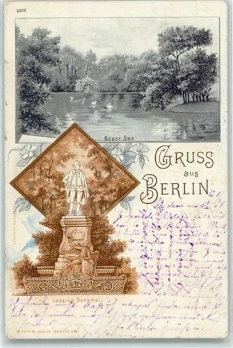 Tiergarten 1898 Neuer See Lessing Denkmal