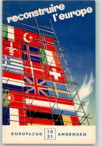 1951 Wiederaufbau von Europa Baugerüst vor den Flaggen europäischer Länder Europazug Andenken