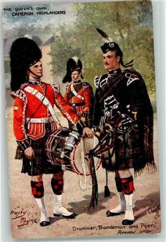 The Queen Own Cameron Highlanders Drummer Bandsman and Piper Dudelsack Uniform sign.Payne Harry Tucks Oilette Nr. 9883