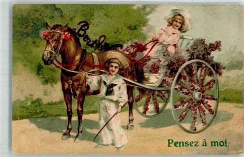 1912 Matrosenanzug Hutmode Kinder Pferdekutsche Rose Lithograpie