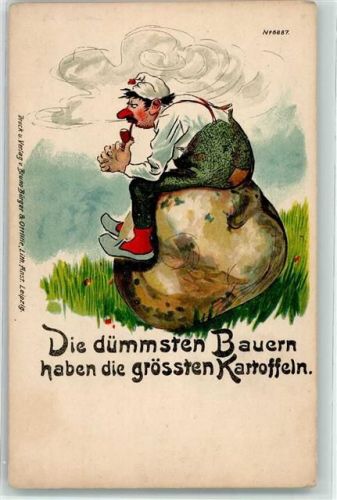 Bauer mit Pfeife im Mund sitzt stumpfsinnig auf einer dicken Kartoffel No. 6887