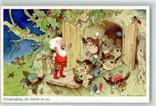 Verlag Oppel & Hess Serie 1511/2 Zwerg Schule Vögel vermenschlicht