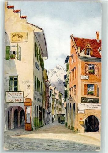 Meran Laubengasse mit Zielspitze Aquarellkarte Nr.526b Karl Albert Specht