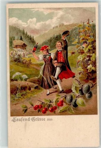 77793 W7625 Gutach Schwarzwaldbahn Lithographie Mann und Frau in Schwarwälder Tracht