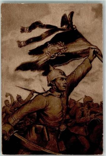 Hamburg 1915 Hamburger Opfertag Zeichnung Soldat mit Pickelhaube und Fahne im Angriff