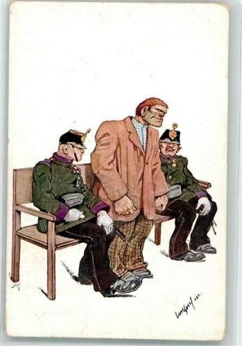 Zwei Gendarmen flankieren einen finster dreinschauenden Knastbruder BKW I 900-1 Karikatur