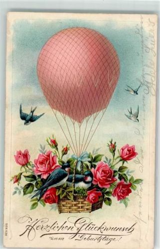 1907 Geburtstag Schwalben im Korb mit Rosen