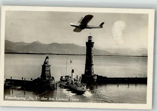 Lindau 1931 Klebespur Bildseite DO X über den Hafen + Dampfschiff