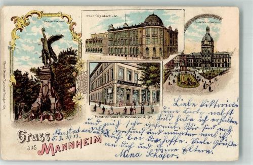 Mannheim Lithograhpie Kriegerdenkmal Realschule Handlung Wranker und Co paradeplatz