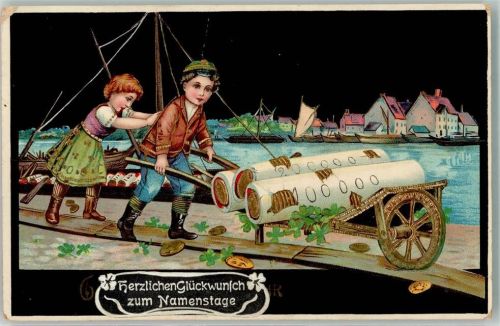 1914 Zwei Kinder rollen im Hafen eine Karre mit Münzrollen Glücksklee Lithographie HWB Ser.9571