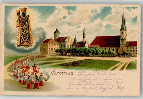 84503 W8262 Altötting 1899 Lithographie Gnadenmutter Prozession