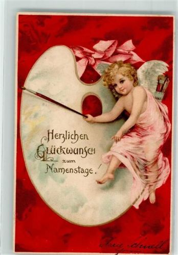 Engel schreibt Glückwünsche auf Malerpalette Lithographie Namenstag 1902 Prägedruck