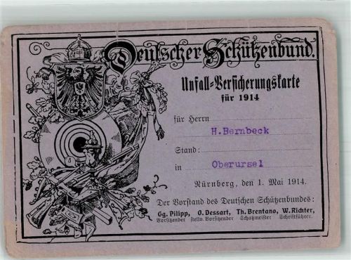 Nürnberg Deutscher Schützenbund Unfall-Versicherungskarte für 1914