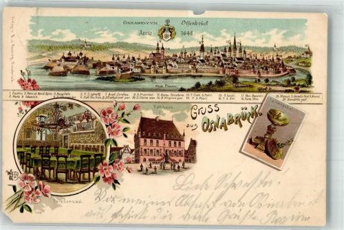 Osnabrück 1898 Lithographie Anno 1648 Rathaus Bahnpost Oldenburg-Osnabrück Zug 61 Eckschaden