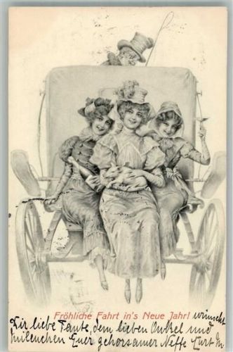 Neujahr Kutsche Frauen Schwein Sektflasche, Verlag M. Munk Serie 206 + Adelskorrespondenz Wichera, R. R. v. 1904 Künstlerkarte