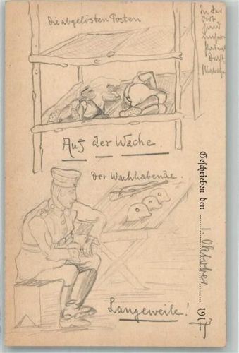 1914 - 1918 handgemalt Auf der Wache - Langeweile Humor