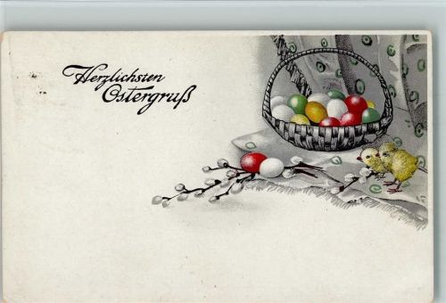 Litho - Korb mit Ostereier und kleine Küken 1919 AK