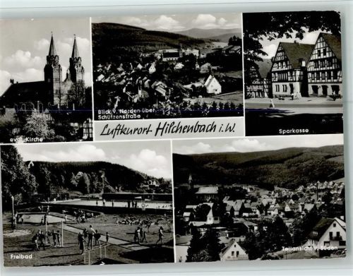 Hilchenbach Evangel. Kirche Blick von Norden über Schützenstraße Sparkasse Freibad Teilansicht von Süden Mehrfachaufnahme
