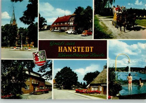 Hanstedt Blick zur Kirche Fachwerkhaus Pferdekutschfahrt Schwimmbad Ortsansichten Mehrfachaufnahme Wappen