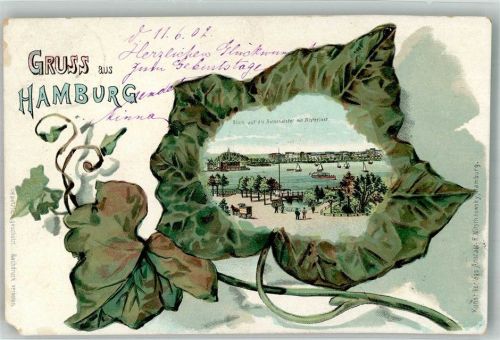 Hamburg 1902 Lithographie Blick auf die Aussenalster mit Alsterlust