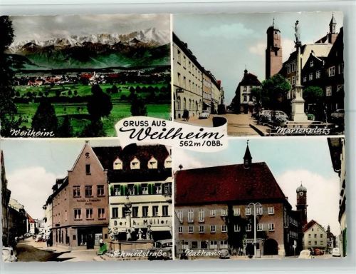 Weilheim Ortsansicht Marienplatz Schmidstraße Brunnen Rathaus 4-Bildaufnahme