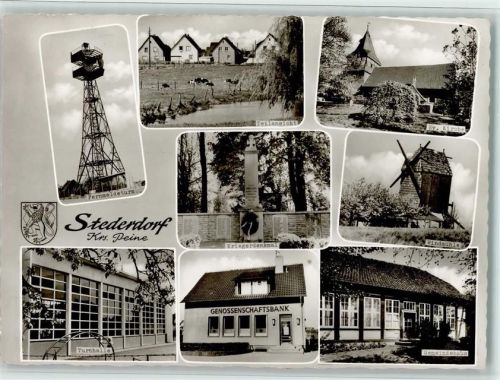 Stederdorf Fernmeldeturm Teilansicht Ev. Kirche Windmühle Kriegerdenkmal Turnhalle Genossenschaftsbank Gemeindehaus
