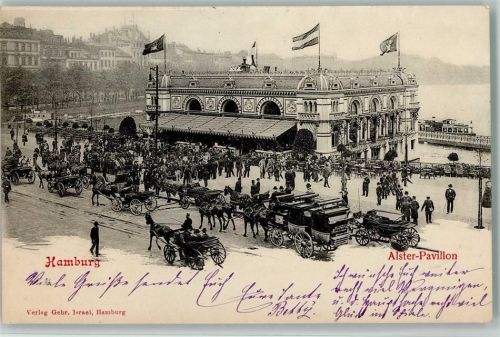 Hamburg 1900 Alster-Pavillon Pferdekutschen Fahnen