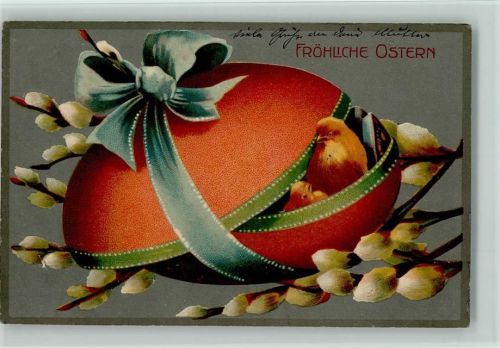 1912 Großes Geschenkei mit einem Küken, Kätzchen litho